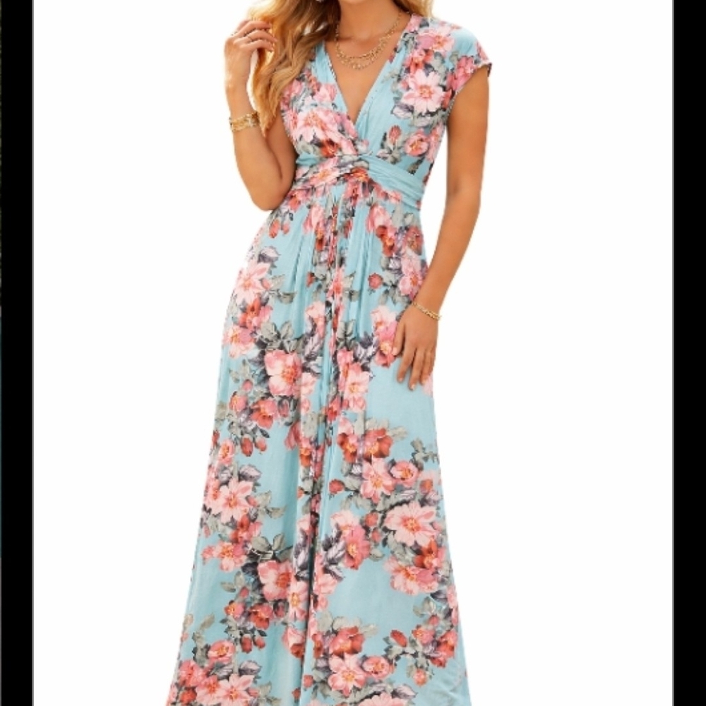 NWT IMAN Floral Maxi Dress in Light Blue and Coral - Picture 3 of 11